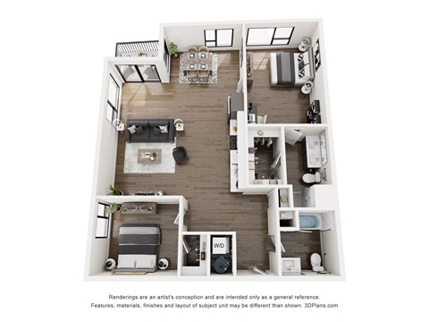 A 3D floor plan of a house with a kitchen, living room, and two bedrooms.